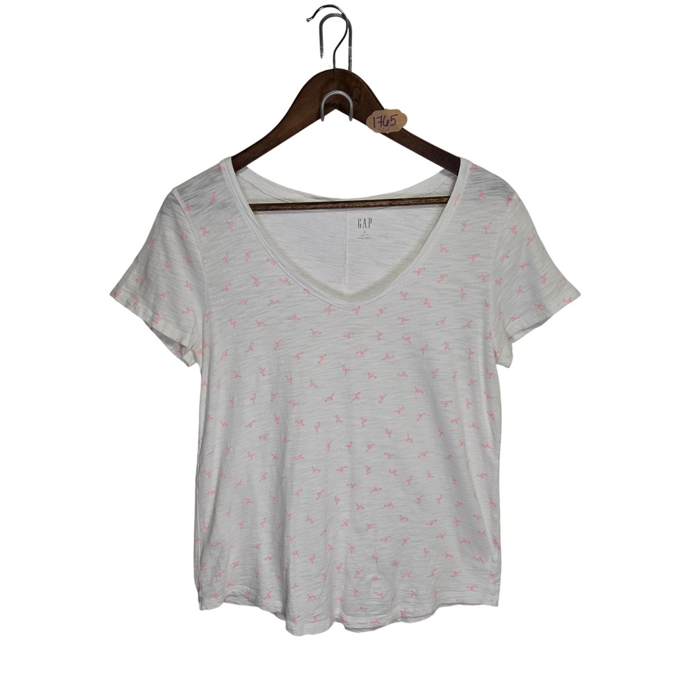 Gap Easy Tee Womens Medium White Pink Flamingo Print V-Neck Short Sleeve T-Shirt
